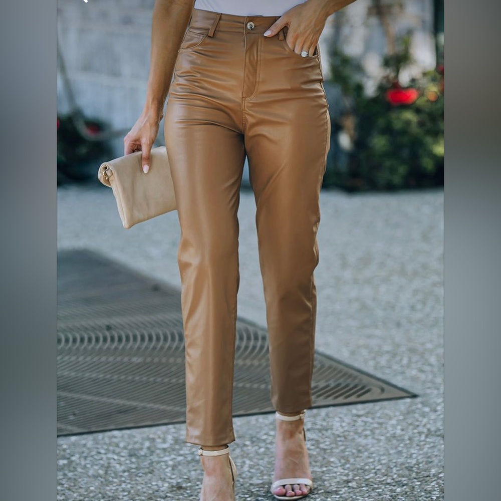 Zara Tan Stretchy High Rise Leather Pants